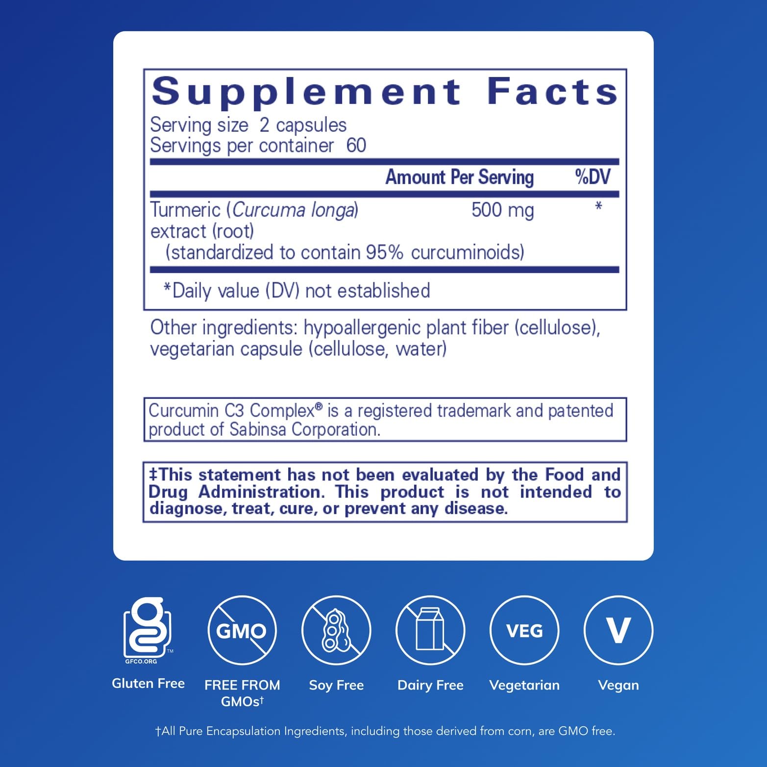 Closeup of Pure Encapsulations Curcumin capsules emphasizing vegan, non-GMO formula