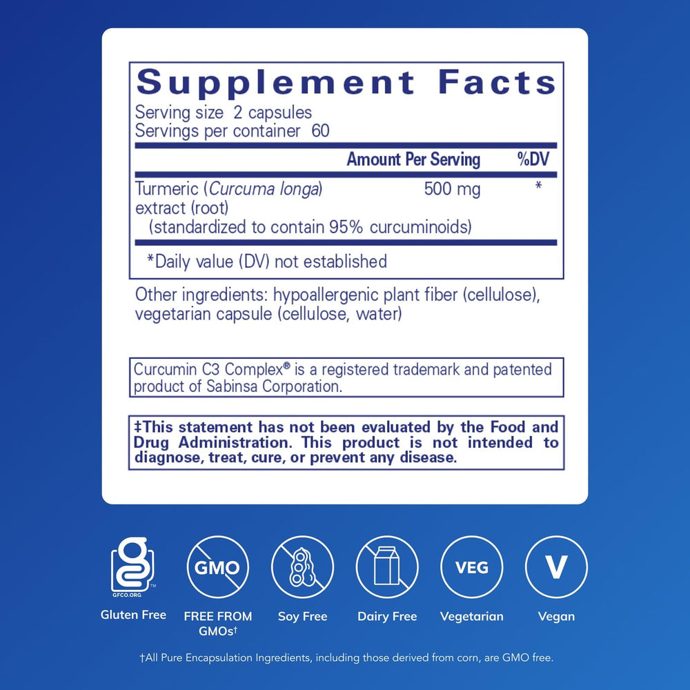 Closeup of Pure Encapsulations Curcumin capsules emphasizing vegan, non-GMO formula