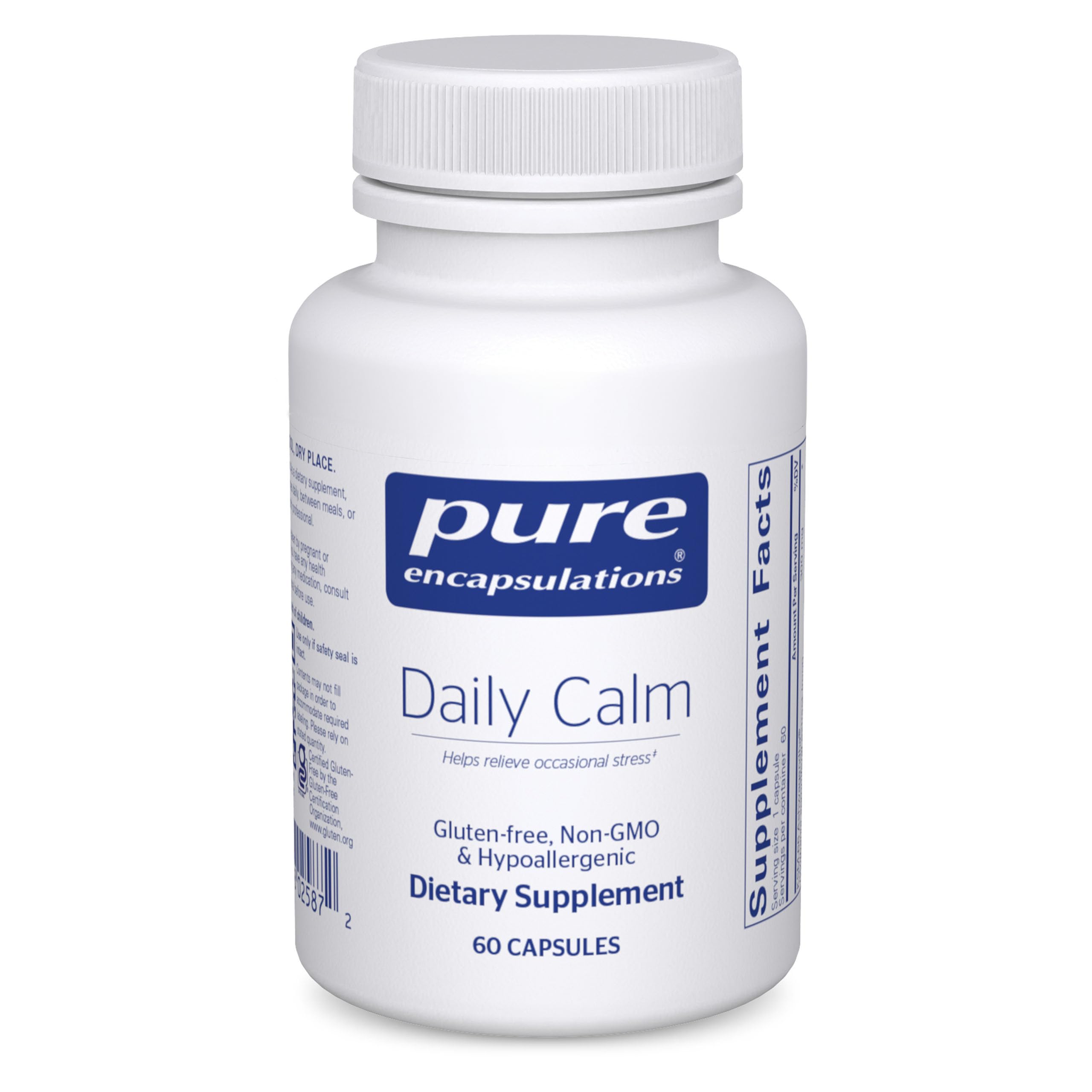 Pure Encapsulations Daily Calm bottle showing easy-to-swallow capsules for daily stress support.