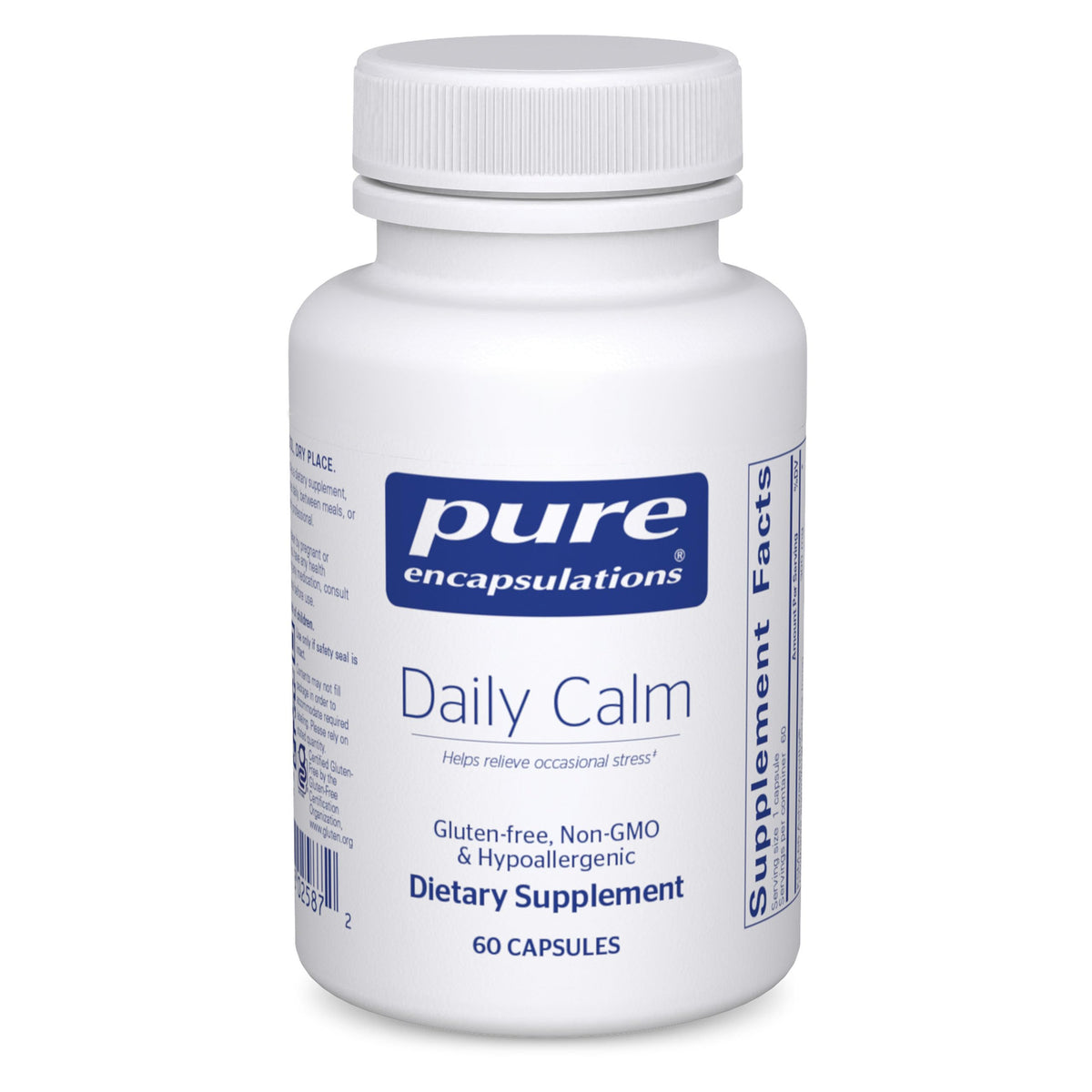 Pure Encapsulations Daily Calm bottle showing easy-to-swallow capsules for daily stress support.