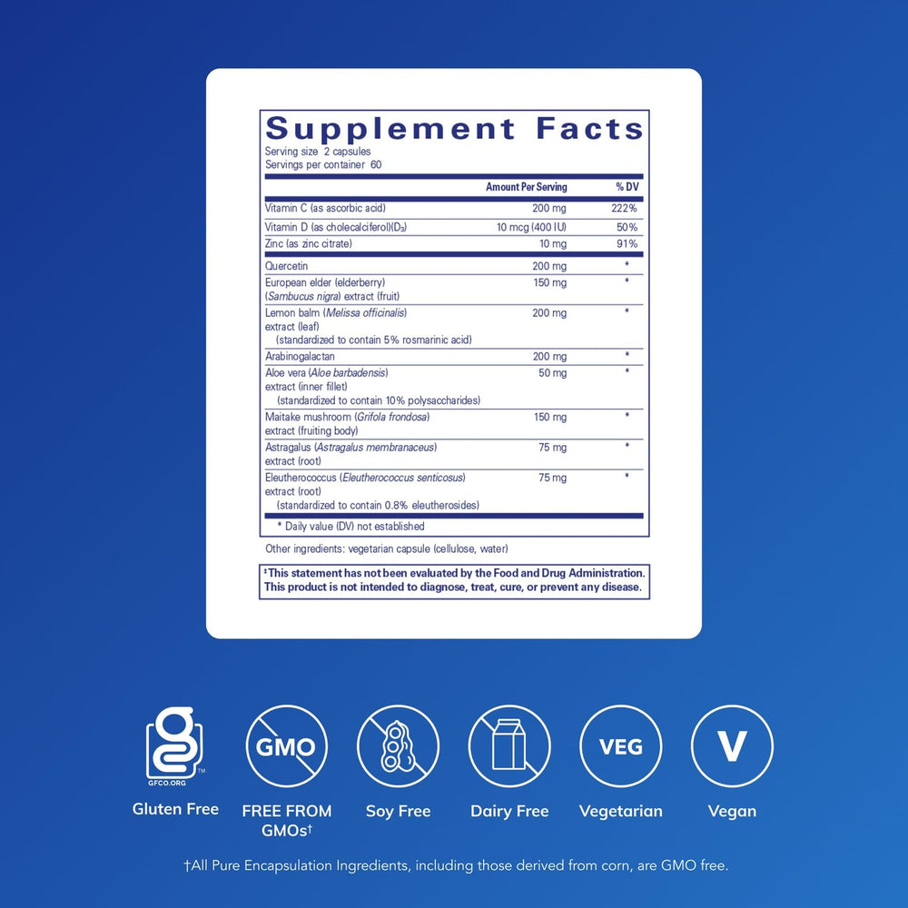 Pure Encapsulations Daily Immune capsules close-up showing hypoallergenic vegetarian formula.