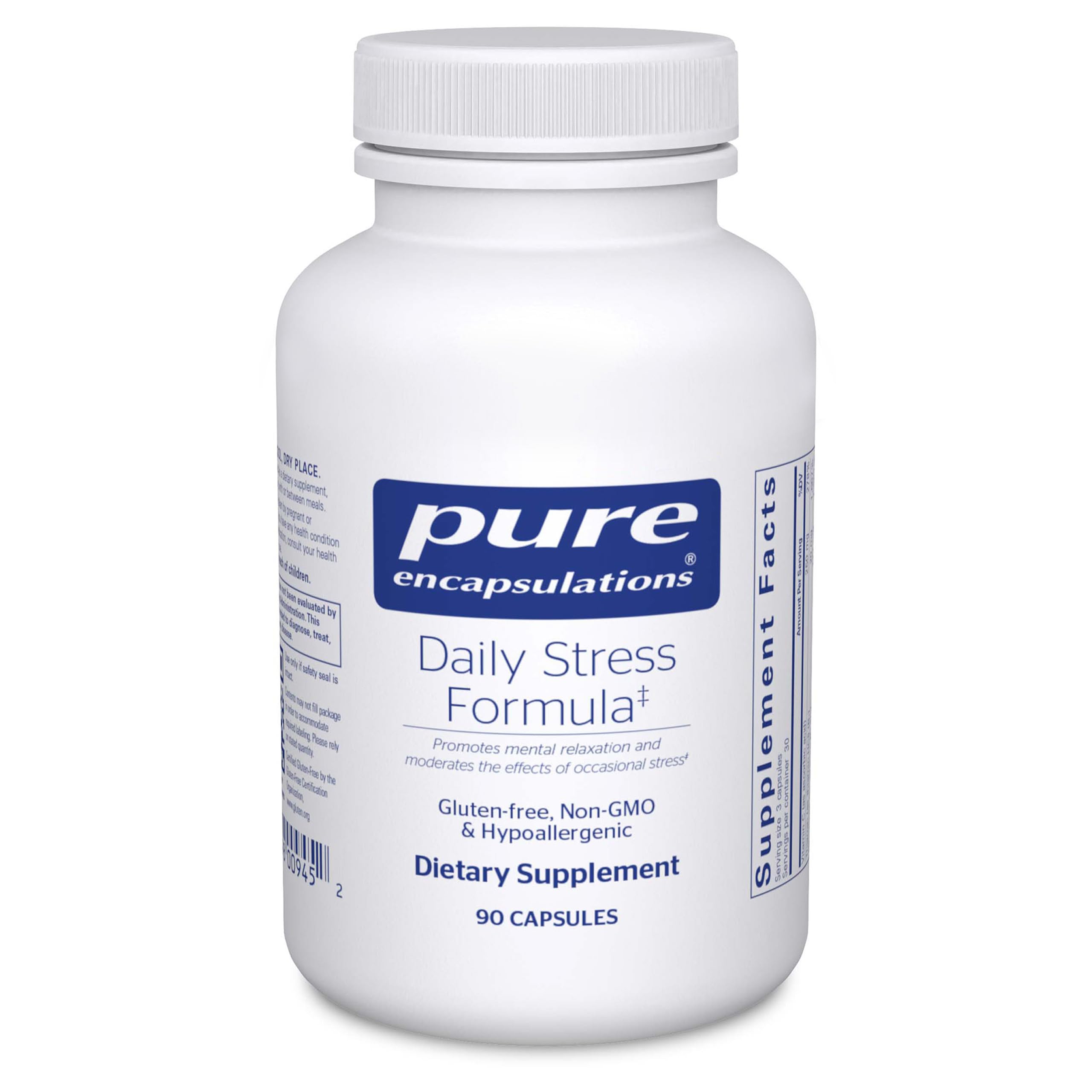 Pure Encapsulations Daily Stress Formula bottle on a desk for calm daily use.