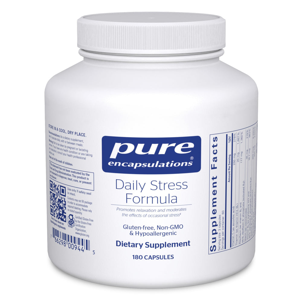 Pure Encapsulations Daily Stress Formula bottle shown for calm focus on busy days