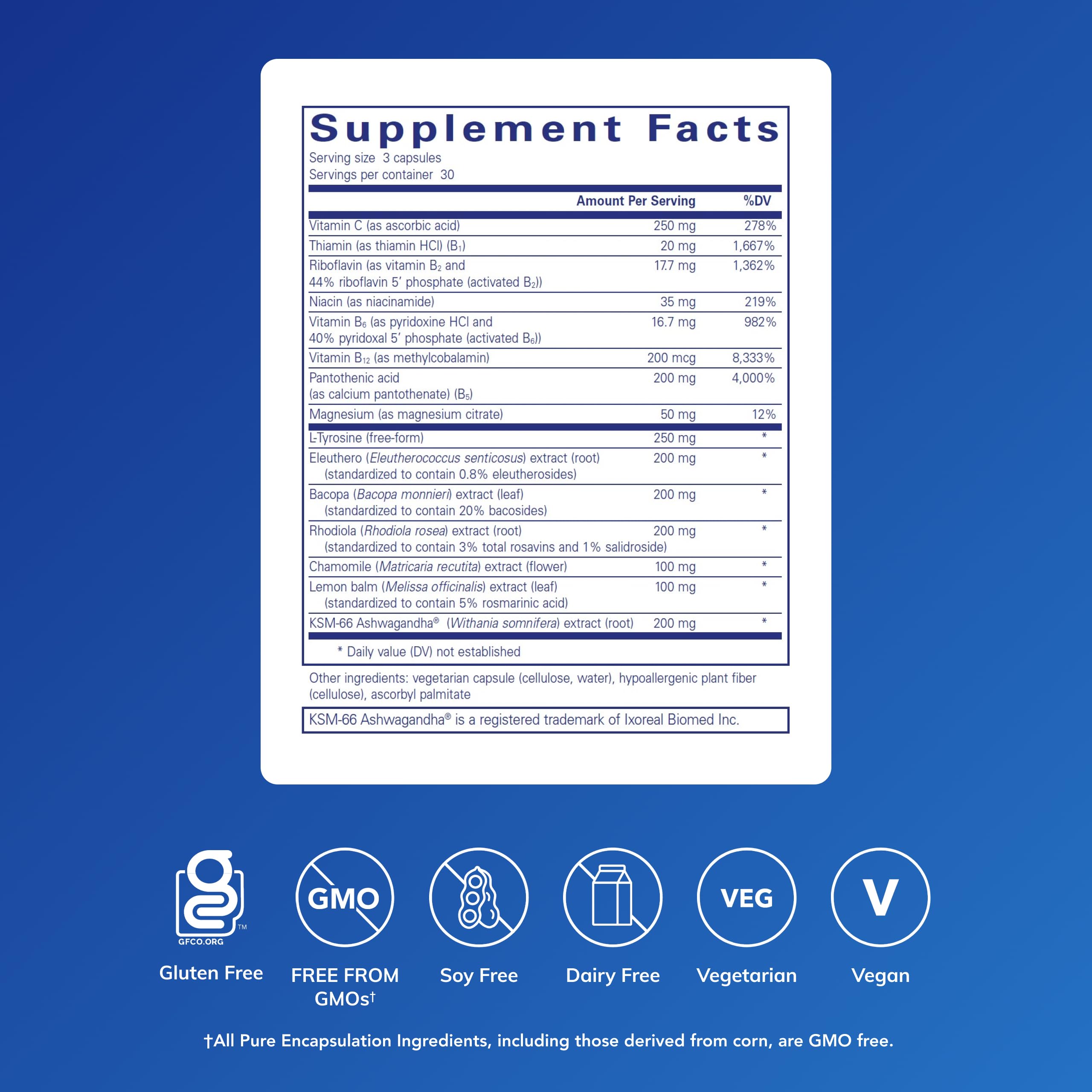 Pure Encapsulations Daily Stress Formula capsules close-up, easy-to-take daily stress support.