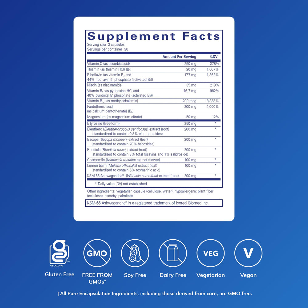 Pure Encapsulations Daily Stress Formula capsules close-up, easy-to-take daily stress support.