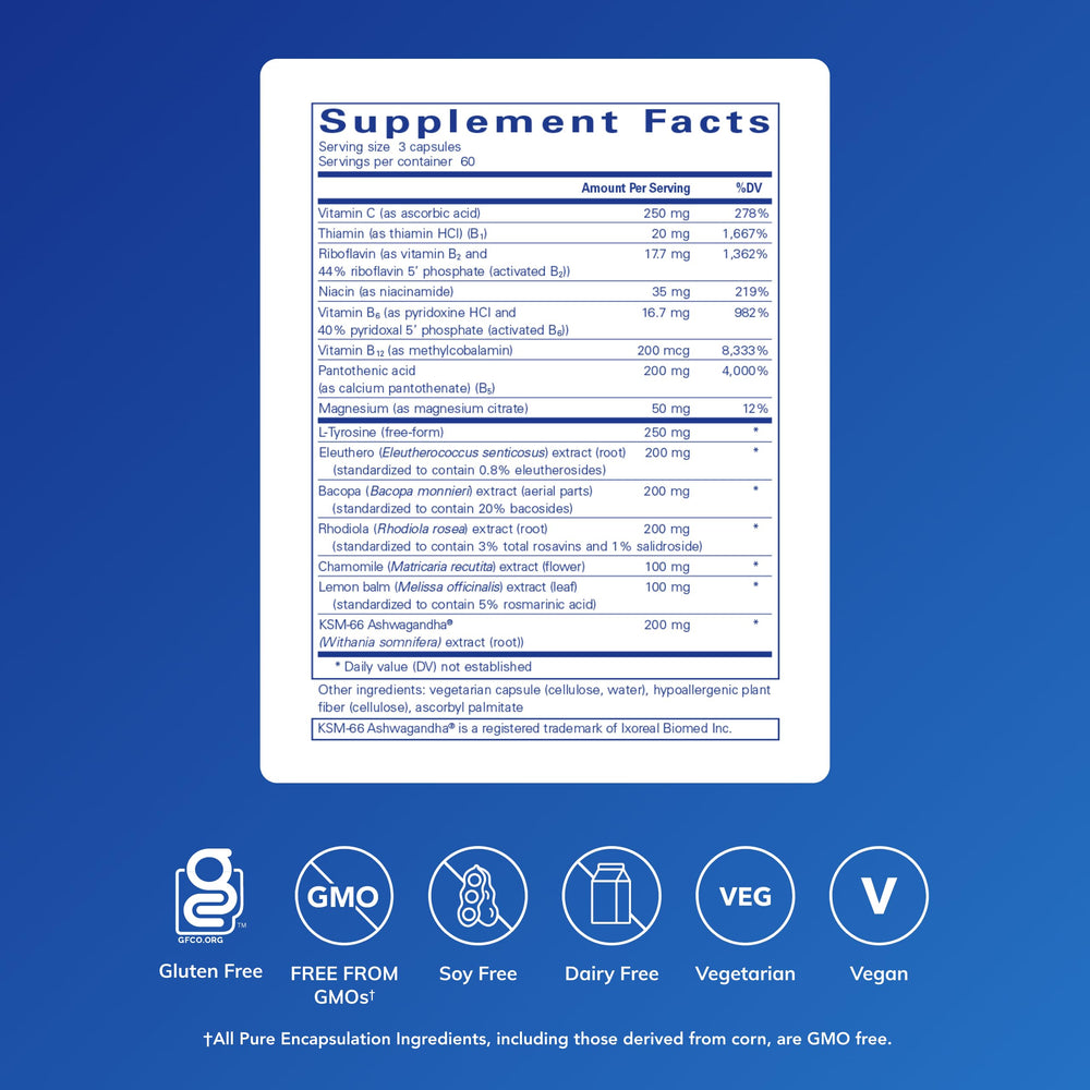 Pure Encapsulations Daily Stress Formula capsules suggesting memory and focus support