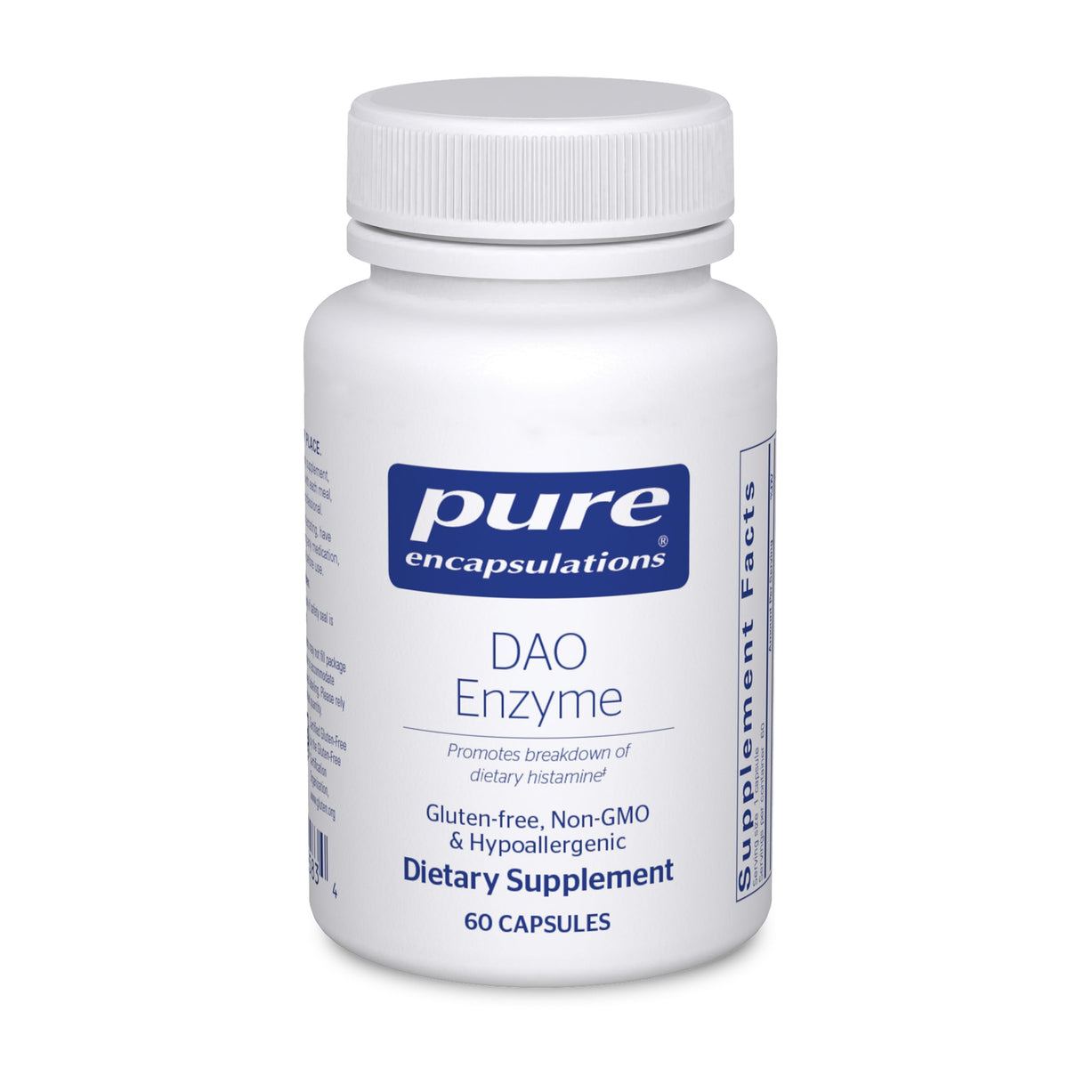 Pure Encapsulations DAO Enzyme bottle showing digestive support and histamine breakdown.