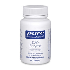 Pure Encapsulations DAO Enzyme bottle showing digestive support and histamine breakdown.