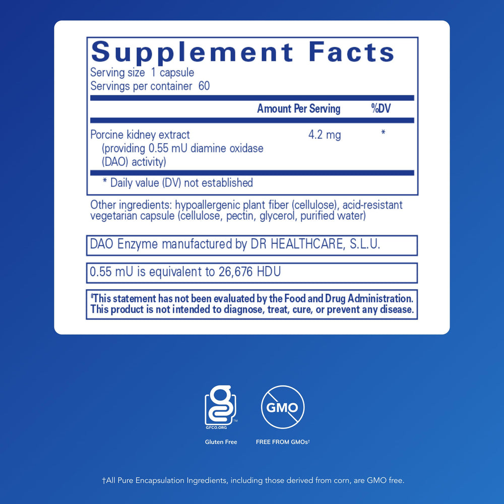 Pure Encapsulations DAO Enzyme capsules close-up, unflavored vegetarian form.