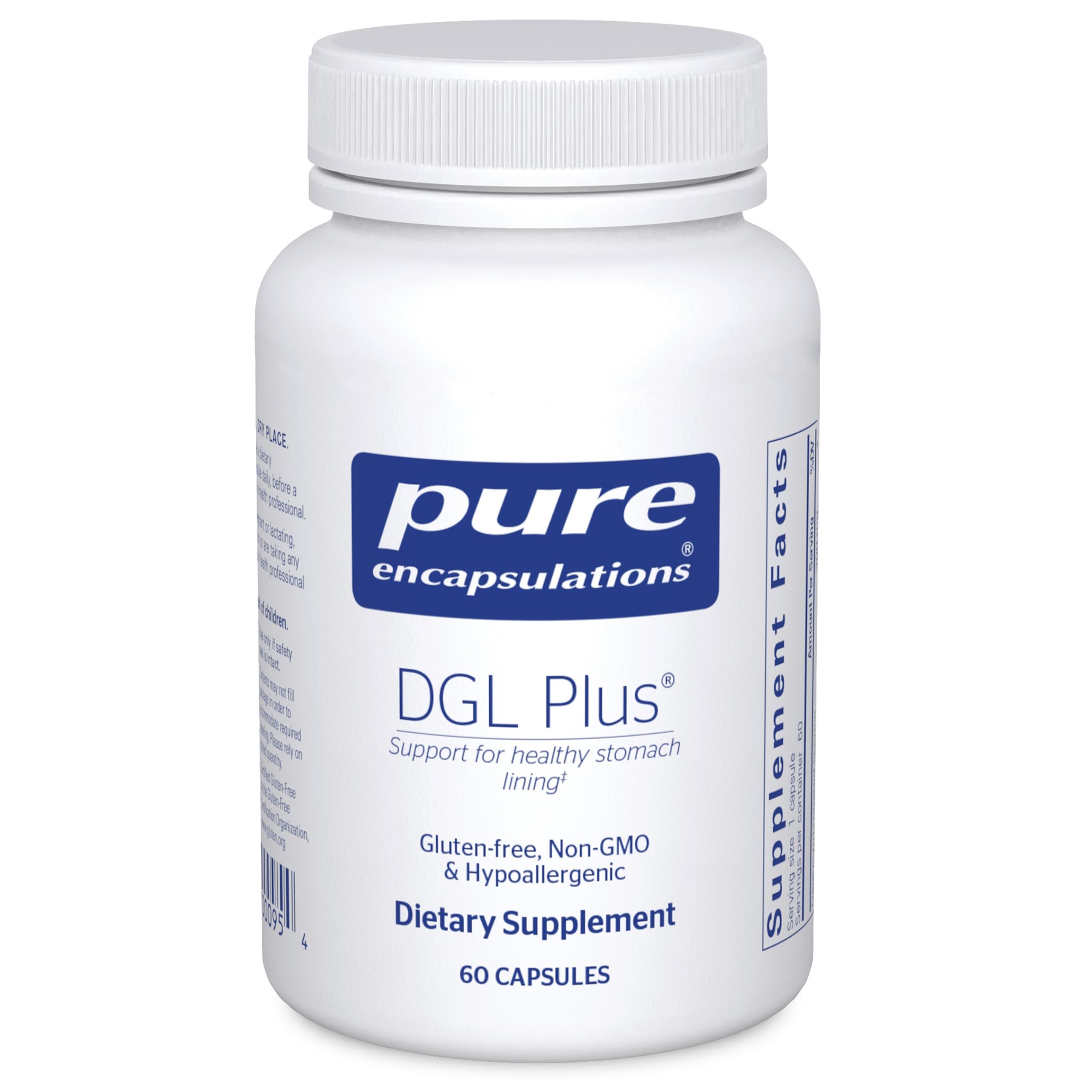 Pure Encapsulations DGL Plus bottle and capsules for daily digestion support.