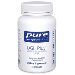 Pure Encapsulations DGL Plus bottle and capsules for daily digestion support.