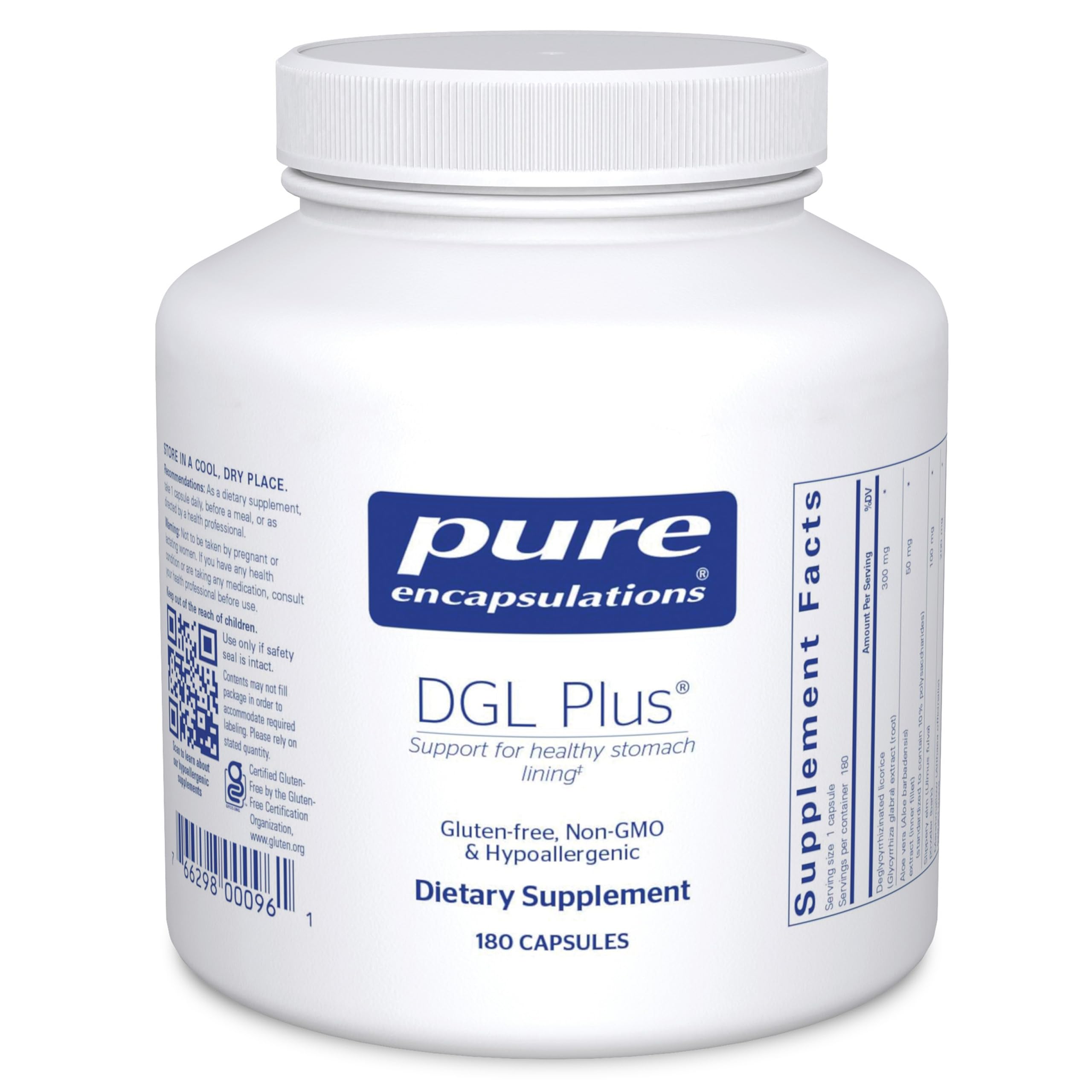 Pure Encapsulations DGL Plus bottle front highlighting vegan gut health support