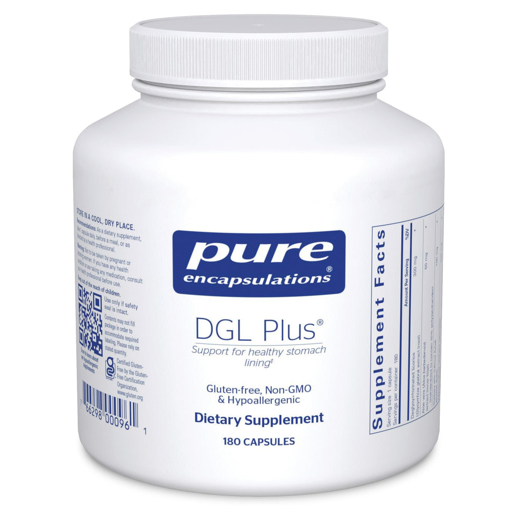 Pure Encapsulations DGL Plus bottle front highlighting vegan gut health support