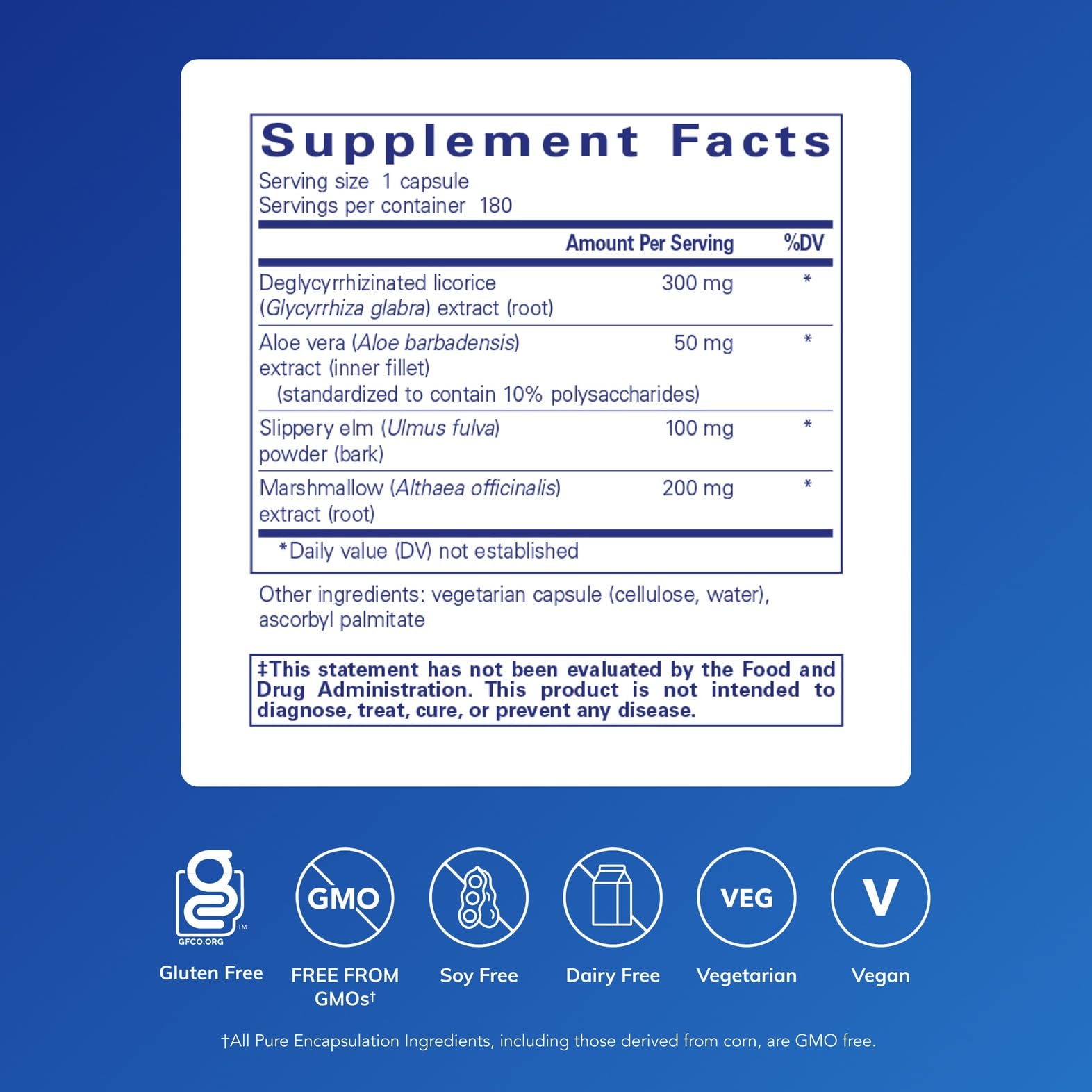 Pure Encapsulations DGL Plus bottle label showing gluten-free, allergen-conscious formula