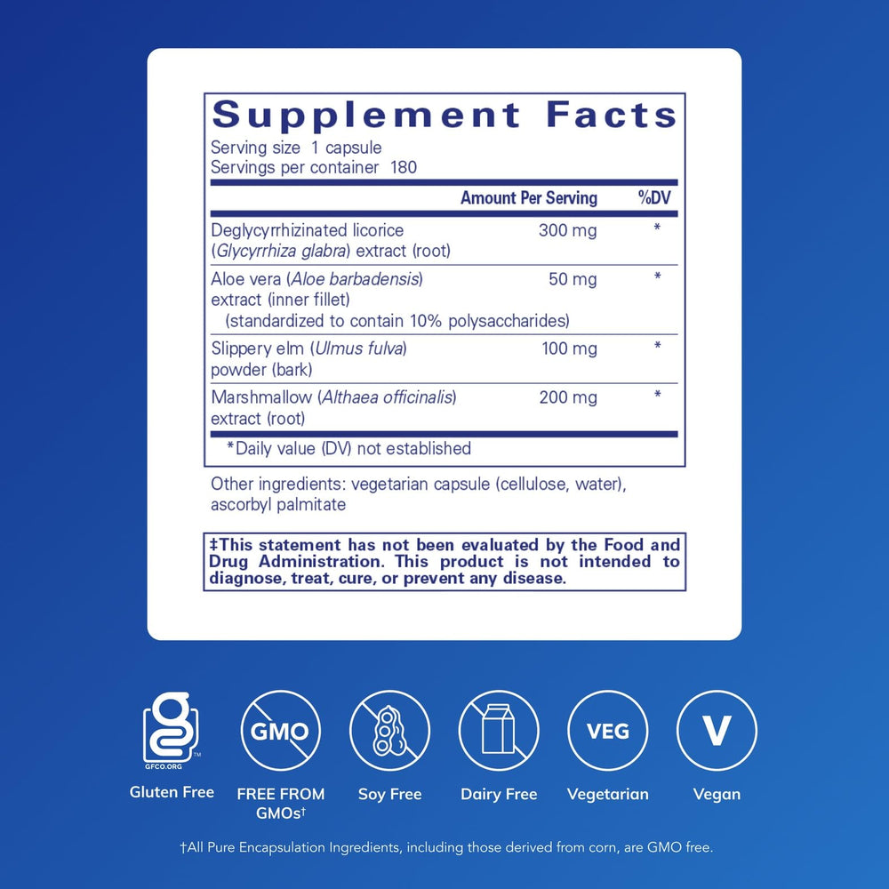Pure Encapsulations DGL Plus bottle label showing gluten-free, allergen-conscious formula