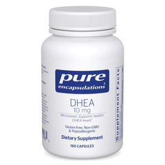 Bottle of Pure Encapsulations DHEA 10 mg on shelf suggests hormonal balance.