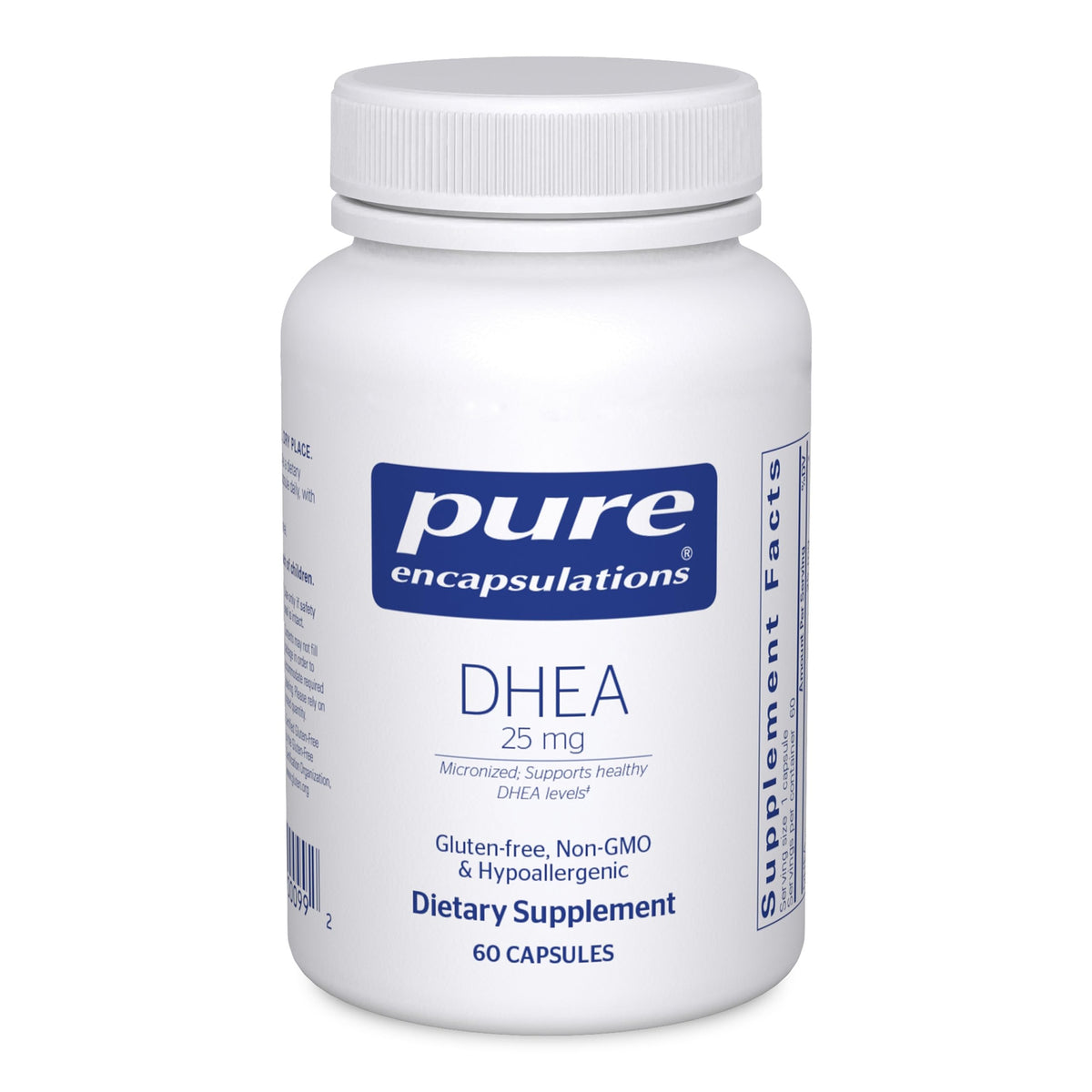 Pure Encapsulations DHEA 25 mg bottle with capsules for energy support.
