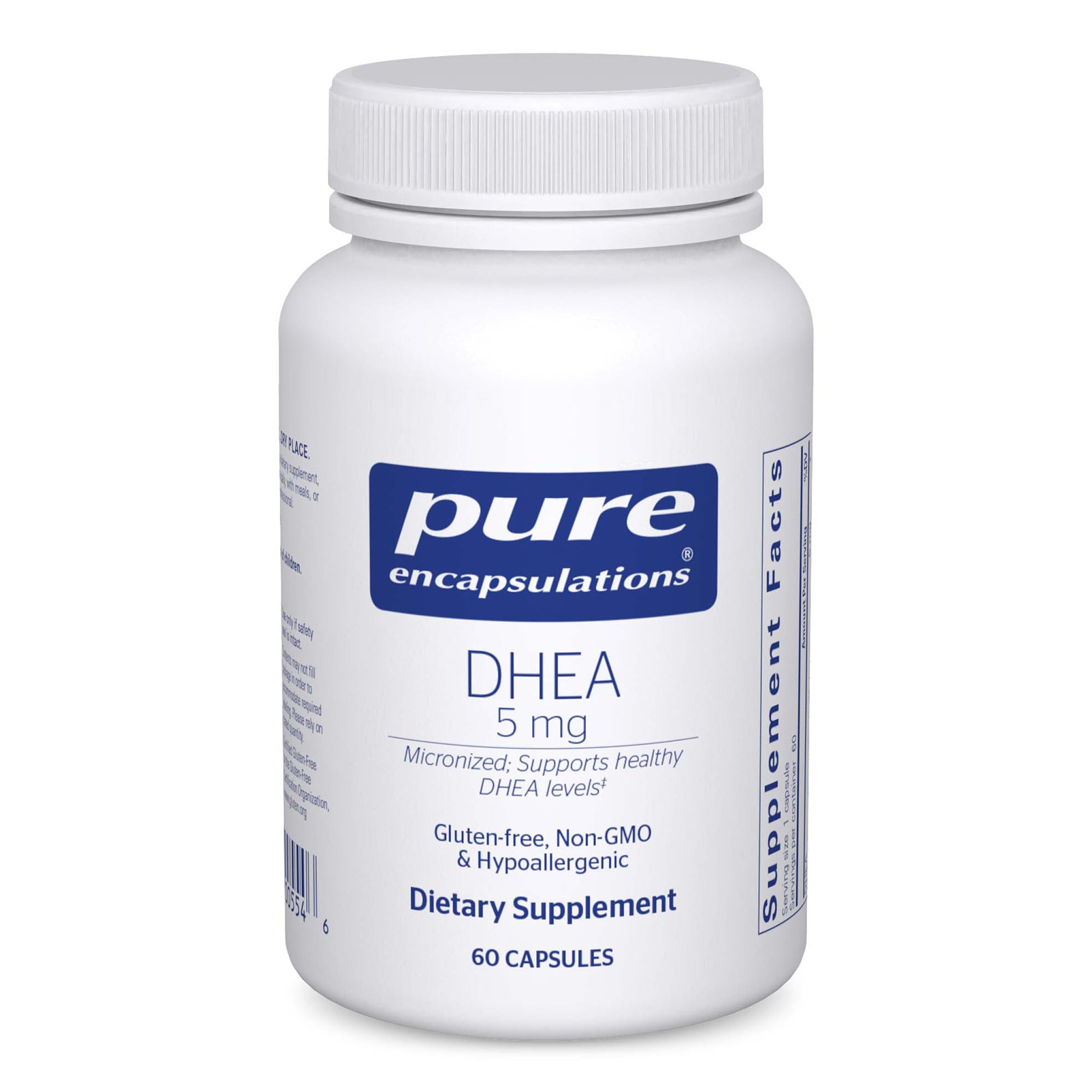 Pure Encapsulations DHEA 5 mg bottle front highlighting micronized formula for absorption
