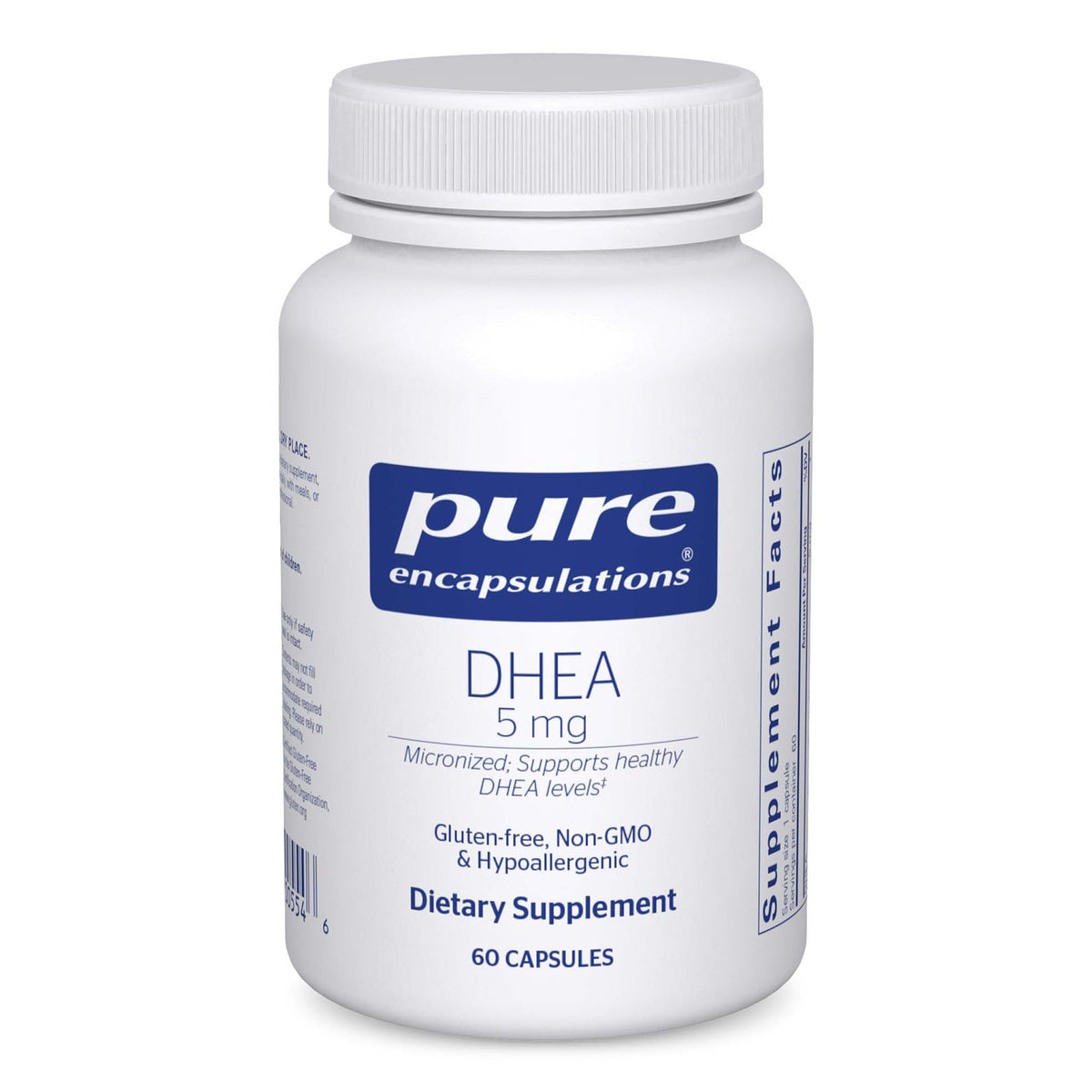 Pure Encapsulations DHEA 5 mg bottle front highlighting micronized formula for absorption
