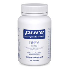 Pure Encapsulations DHEA 5 mg bottle front highlighting micronized formula for absorption