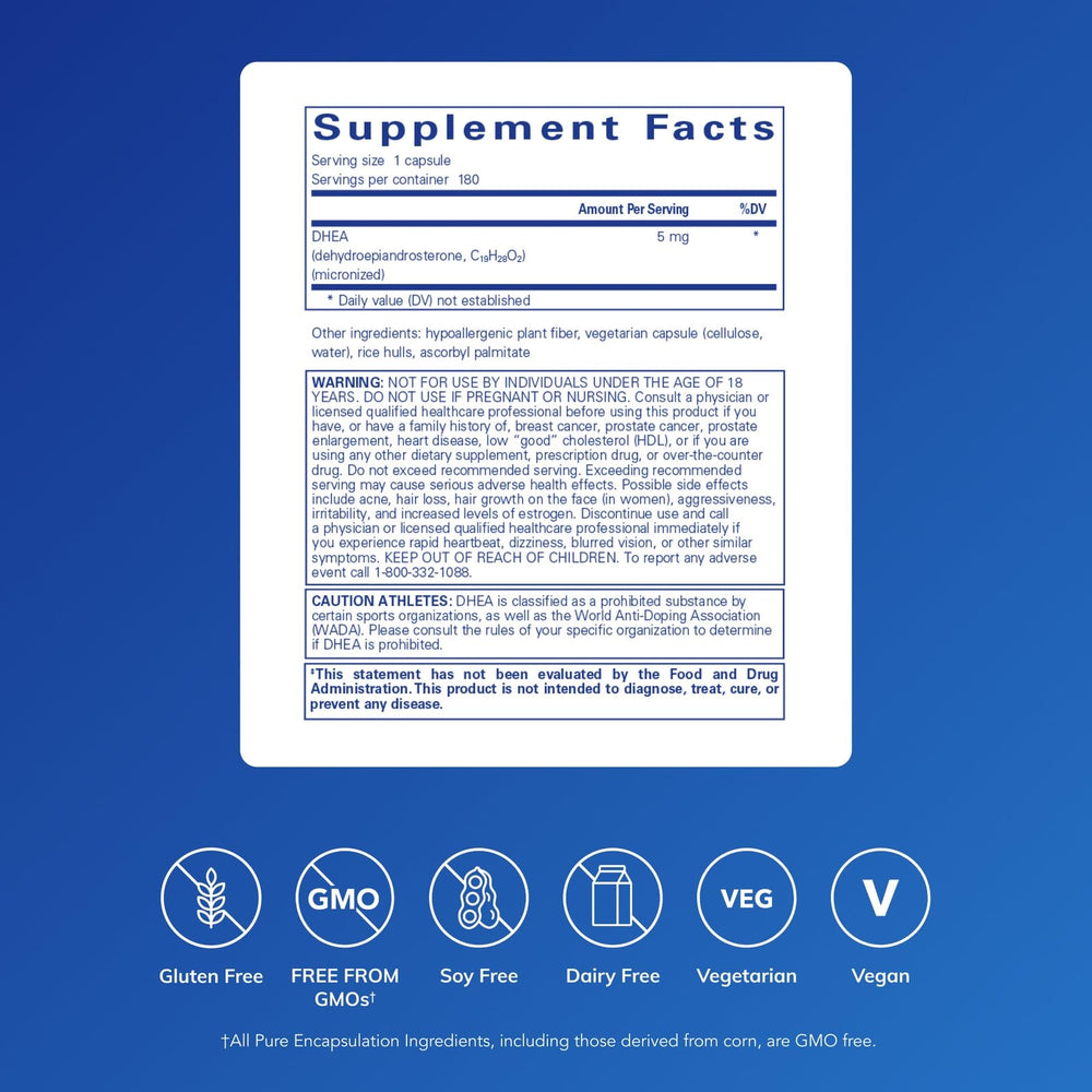 Pure Encapsulations DHEA 5mg packaging close-up shows vegan, gluten-free formulation.