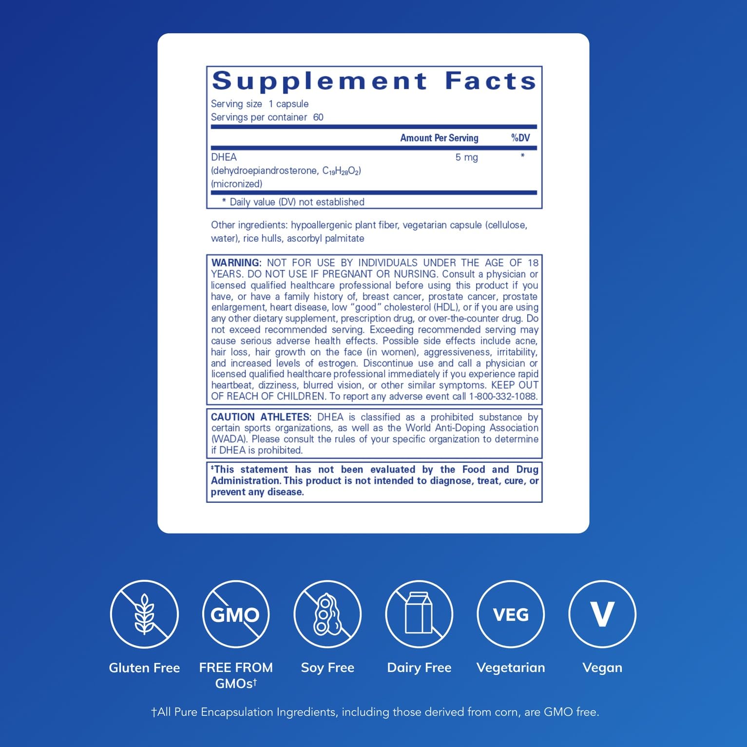 Pure Encapsulations DHEA 5 mg capsules close-up emphasizing hormone balance support