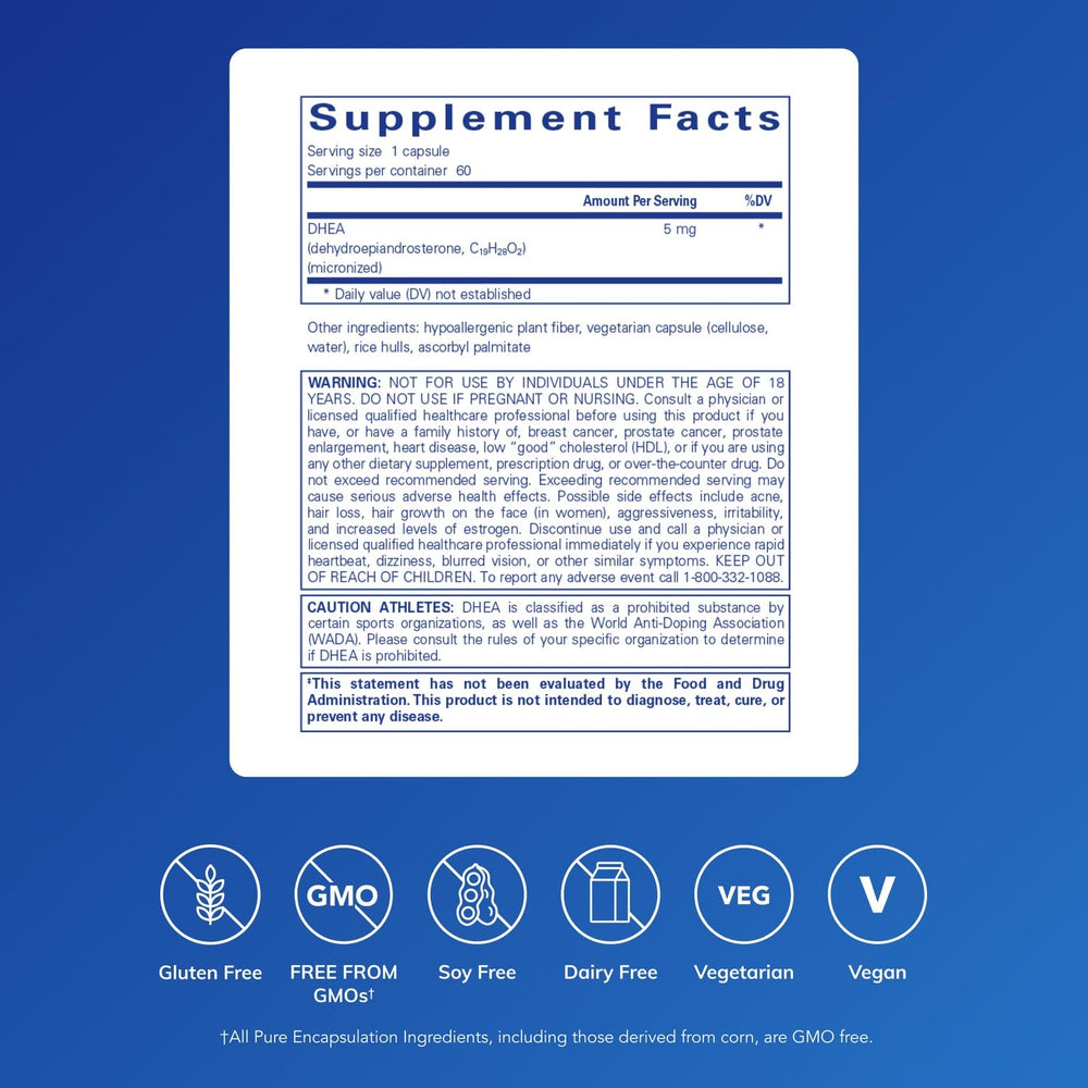 Pure Encapsulations DHEA 5 mg capsules close-up emphasizing hormone balance support