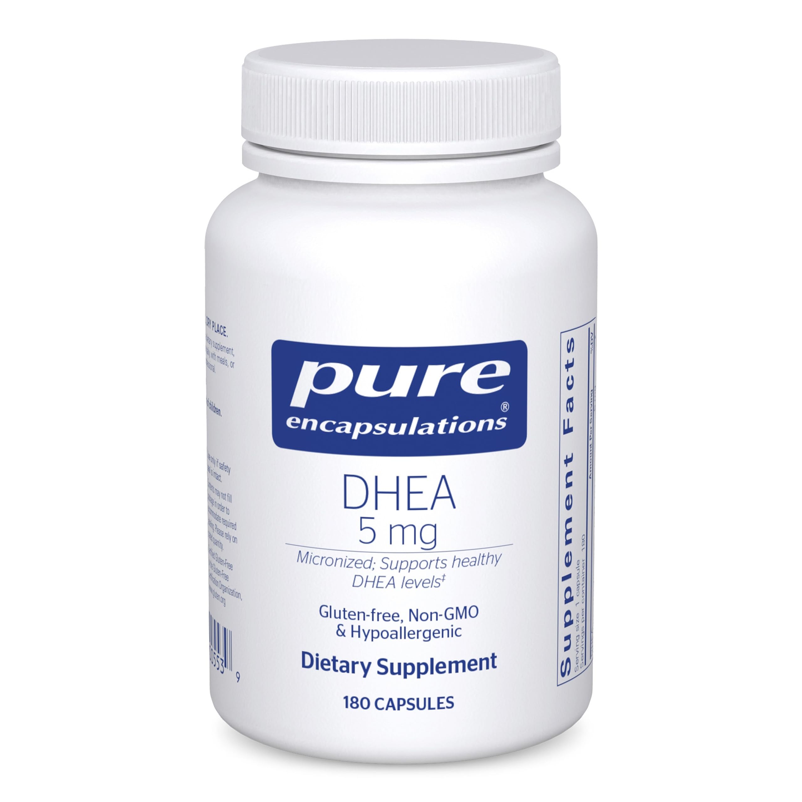 Pure Encapsulations DHEA 5mg micronized capsules bottle highlights high absorption for hormone balance.