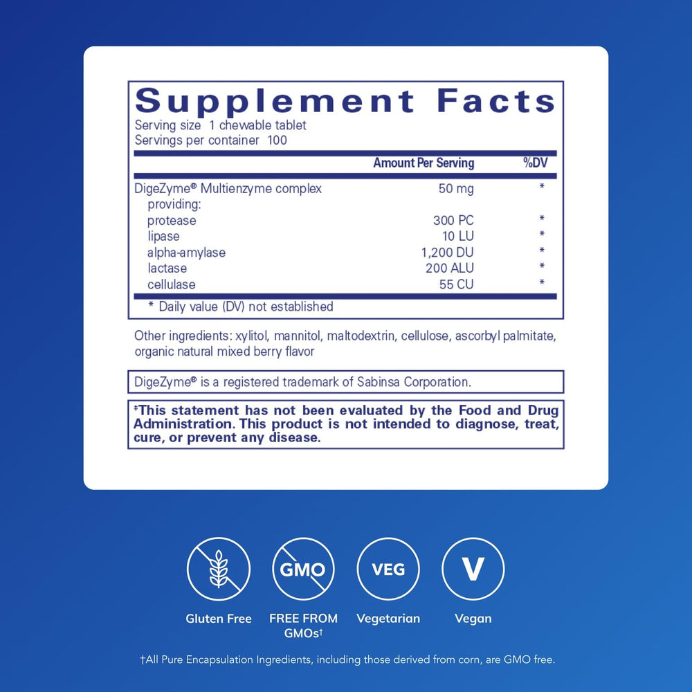 Pure Encapsulations Digestive Enzyme Chewables tablets closeup highlights vegetarian enzymes
