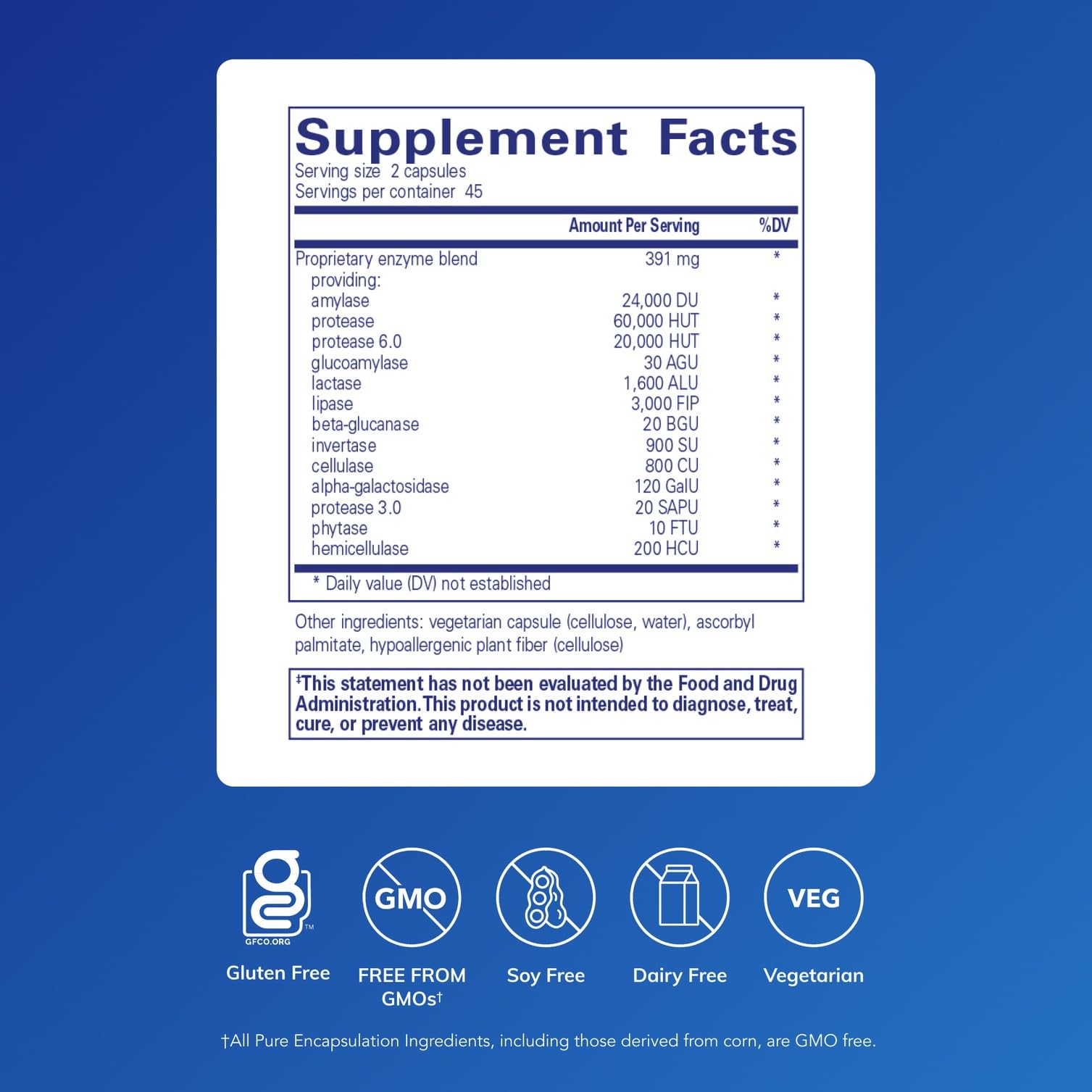 Pure Encapsulations Digestive Enzymes Ultra capsules closeup showing vegetarian enzyme blend.