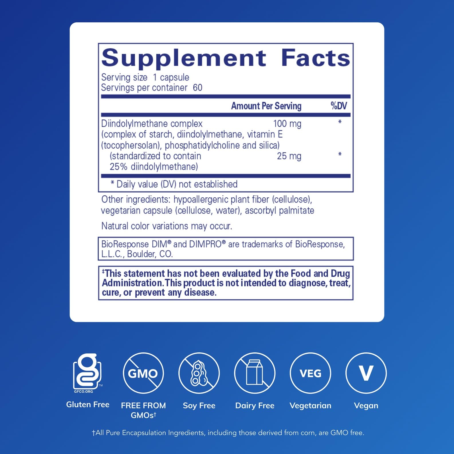 Pure Encapsulations DIMPRO 100 bottle front showing gluten-free vegan supplement.