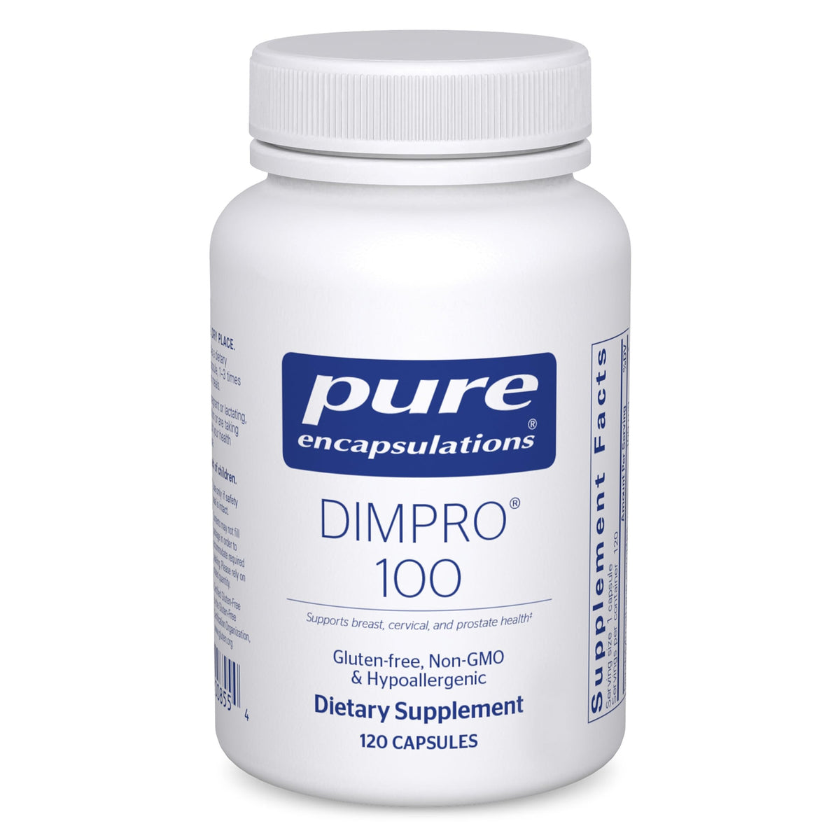 Pure Encapsulations DIMPRO 100 bottle highlights vegan DIM formula for daily balance.