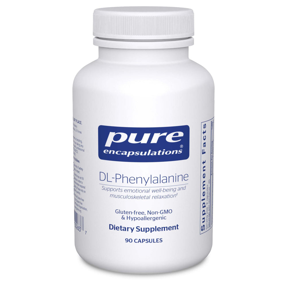 Pure Encapsulations DL-Phenylalanine bottle highlights premium amino acid support for focus.
