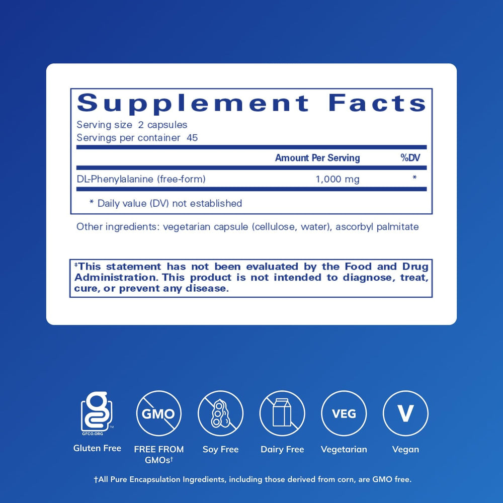 DL-Phenylalanine capsules close-up suggests easy daily use for memory and mood.