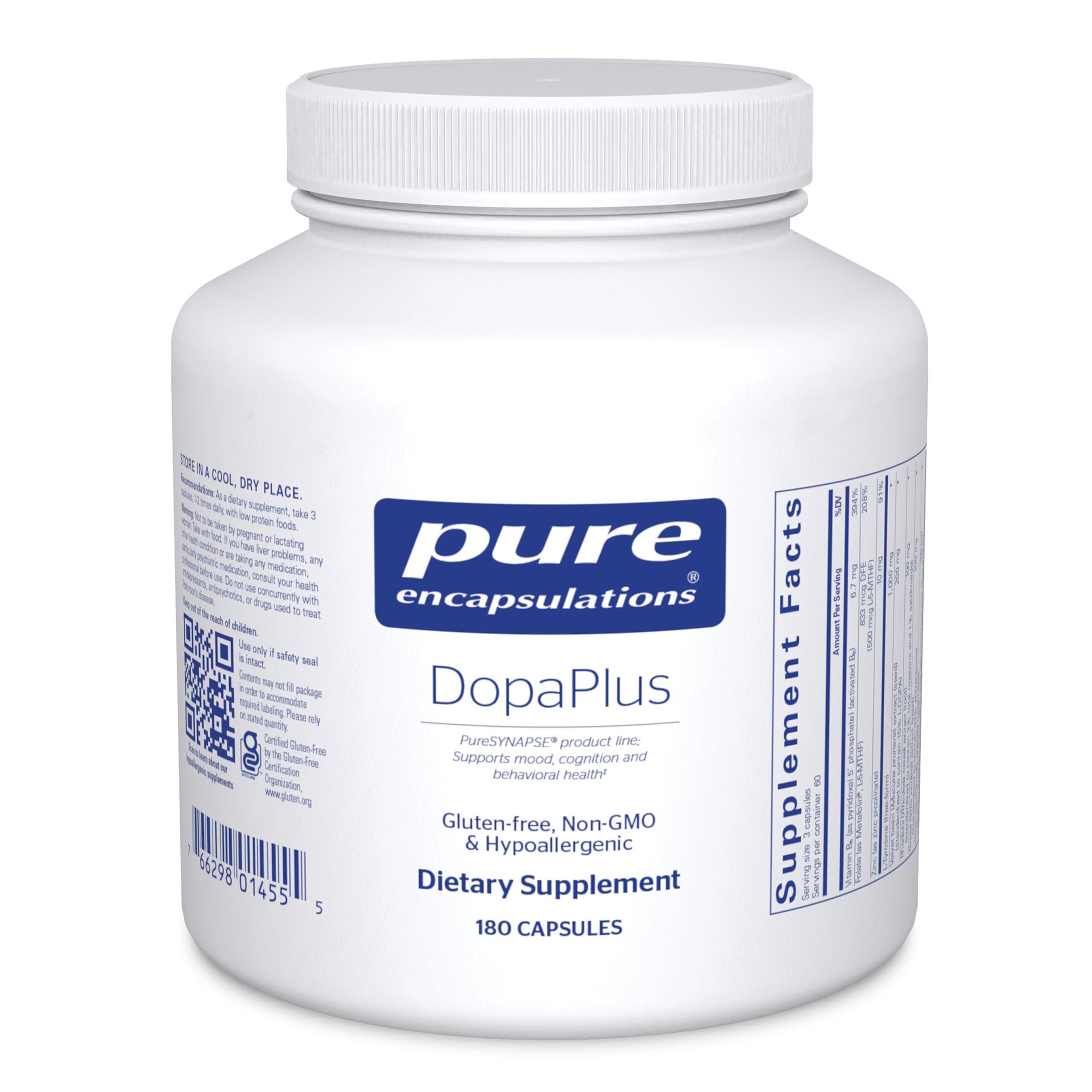 Pure Encapsulations DopaPlus bottle and label may support daily brain function
