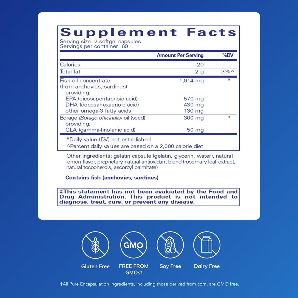 Pure Encapsulations EFA Essentials bottle back label detail highlighting ingredients.