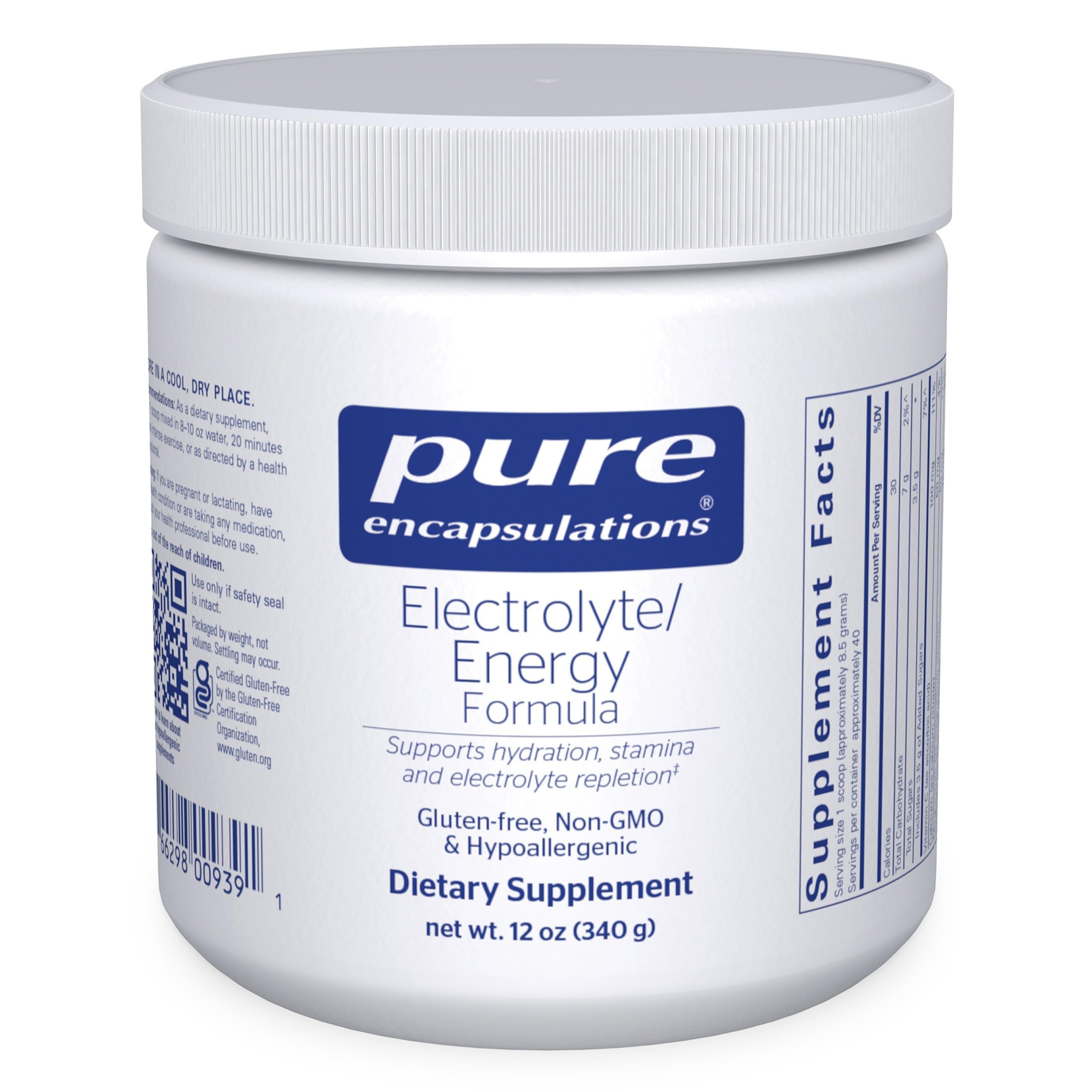 Pure Encapsulations Electrolyte/Energy Formula bottle closeup supports hydration during workouts.