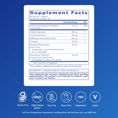 Close-up of Pure Encapsulations Emotional Wellness label emphasizing purity and allergen-free promise.