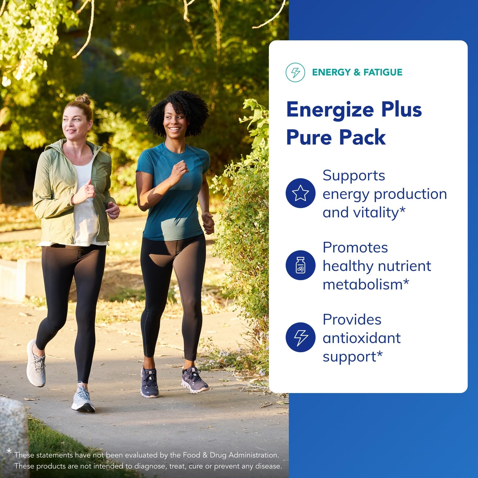 Label highlights vitamins and minerals for energy in Energize Plus Pure Pack.