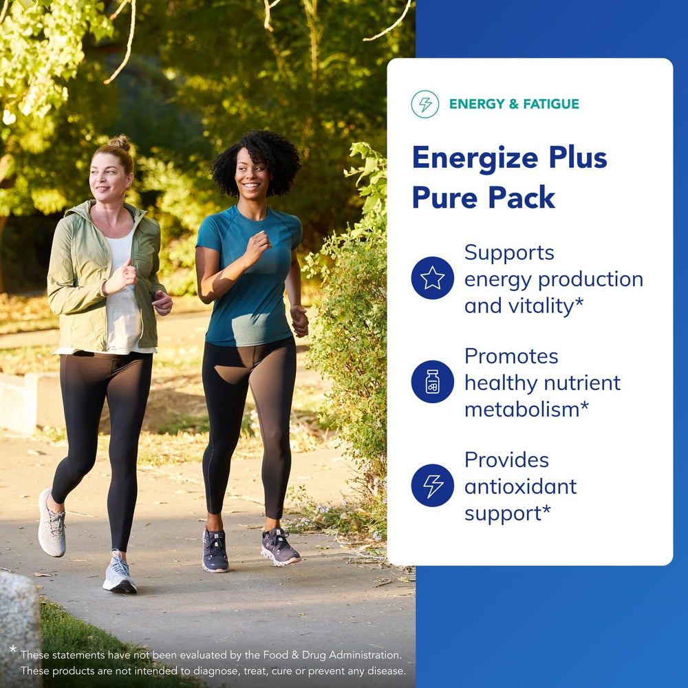 Label highlights vitamins and minerals for energy in Energize Plus Pure Pack.