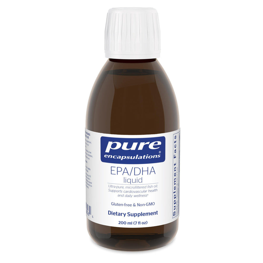 Pure Encapsulations EPA/DHA Liquid lemon bottle on shelf supports daily omega-3 intake