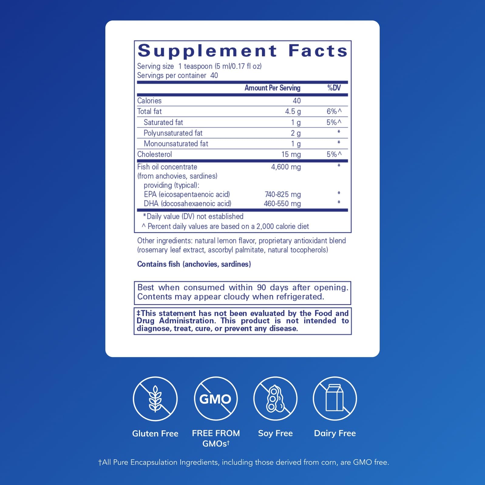 Pure Encapsulations EPA/DHA Liquid pouring into glass highlighting lemon flavor