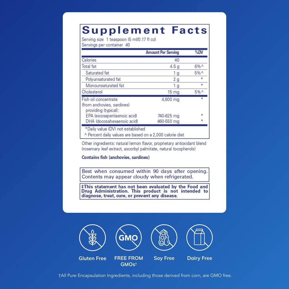 Pure Encapsulations EPA/DHA Liquid pouring into glass highlighting lemon flavor