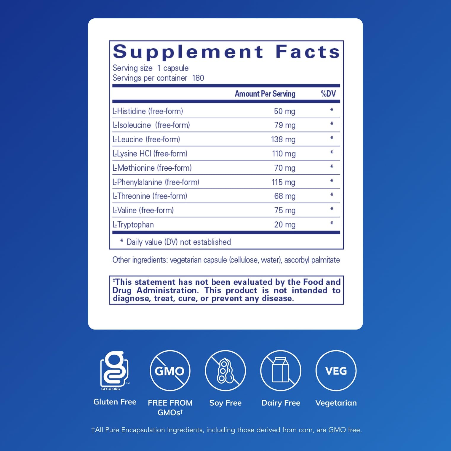 Pure Encapsulations Essential Amino Acids bottle back lists ingredients and allergen-free qualities.