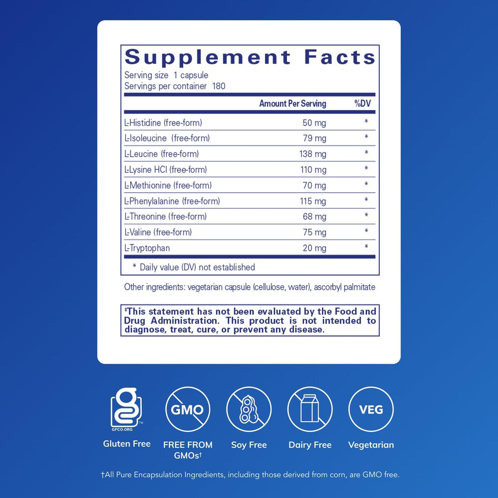 Pure Encapsulations Essential Amino Acids bottle back lists ingredients and allergen-free qualities.
