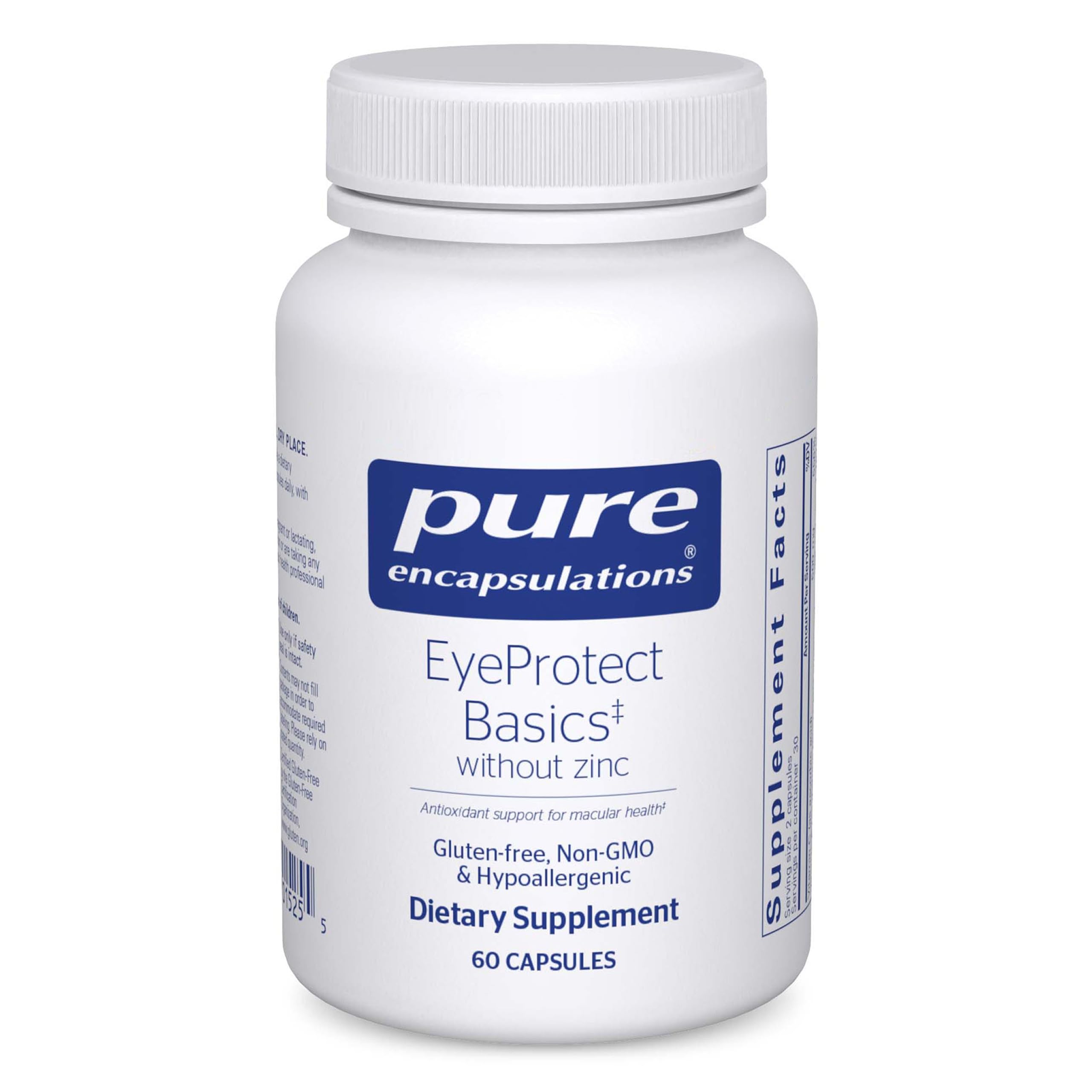 Pure Encapsulations EyeProtect Basics bottle front, zinc-free eye health formula.
