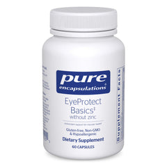 Pure Encapsulations EyeProtect Basics bottle front, zinc-free eye health formula.