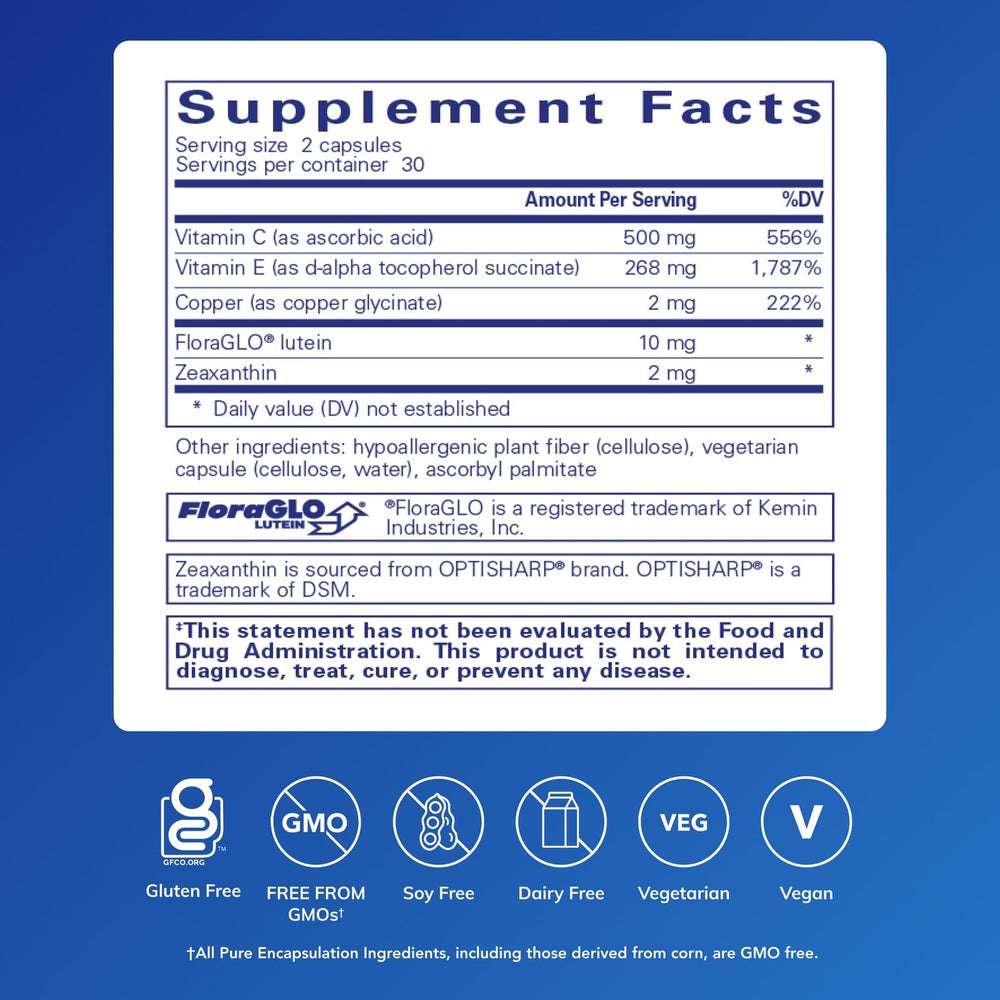 EyeProtect Basics label close-up highlighting antioxidants for optical health.