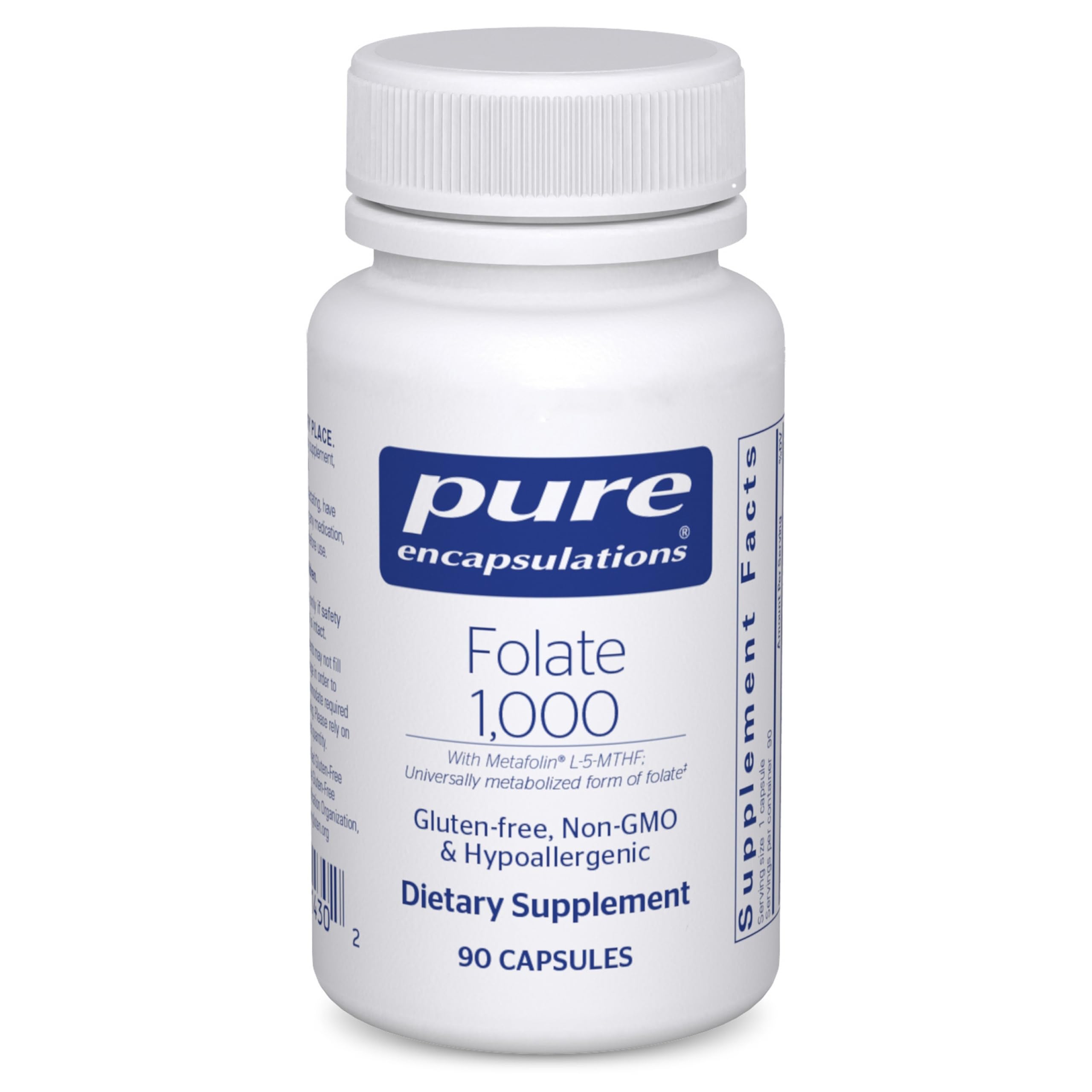 Pure Encapsulations Folate 1000 L-5-MTHF bottle closeup for easy daily supplementation.