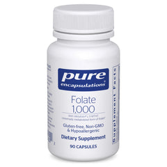 Pure Encapsulations Folate 1000 L-5-MTHF bottle closeup for easy daily supplementation.